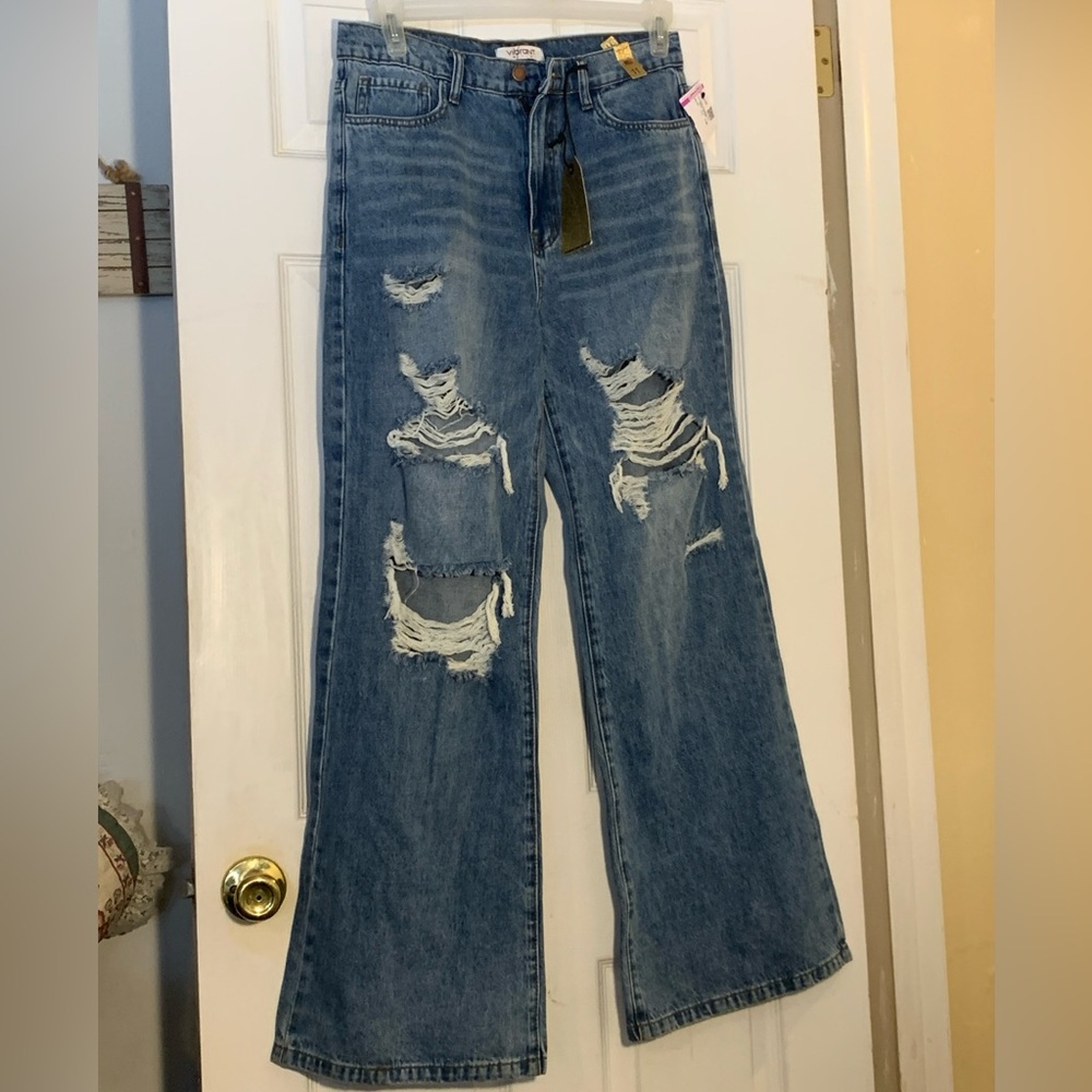 NWT Vibrant M.i.U. Women's High Waist Jeans  Distressed Front Wide Leg Size 11 J